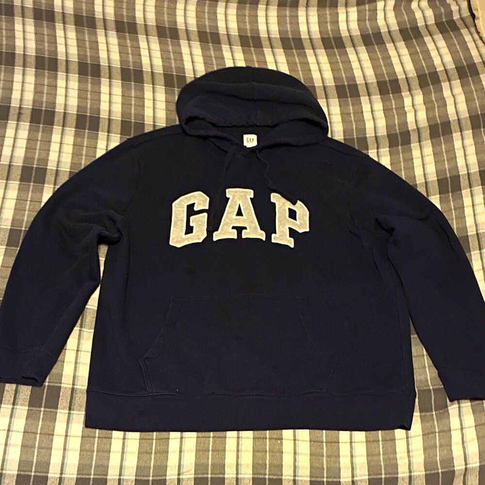 Gap Men's Navy Logo Fleece Cotton Blend Pullover Hoodie Pockets Size XL